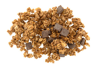 Overhead view of a serving of chocolate chunk granola isolated on a white background.