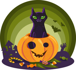 Cat in pumpkin halloween funny decoration vector