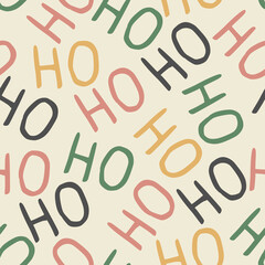 CHRISTMAS PATTERN WITH HO HO HO TEXT. REPEATING ELEMENTS, ENDLESS PRINT DESIGN WITH BEIGE OFF WHITE BACKGROUND