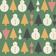CHRISTMAS PATTERN VECTOR WITH TREES, BALLS AND SNOWMEN. REPEATING ELEMENTS, SEAMLESS,ENDLESS PRINT DESIGN