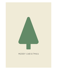 CHRISTMAS TREE VECTOR CARD. MINIMALIST STYLE. MERRY CHRISTMAS GREETING CARD WITH TEXT. GREEN TREE AND BEIGE BACKGROUND