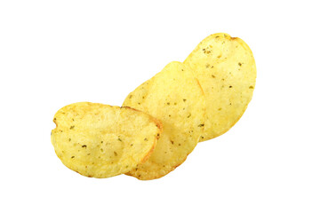 many pieces of fried potatoes isolated on white blackground.