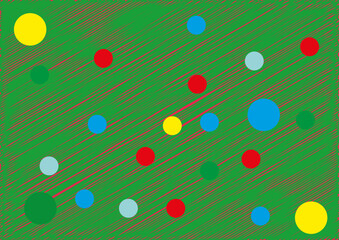 Il caos colorato con palline o biglie su sfondo verde graffiato di rosso.