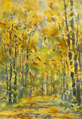 Evening sun in the park in autumn watercolor background