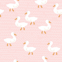 Pink seamless pattern with white wild birds. Simple flat print. Vector hand drawn illustration.