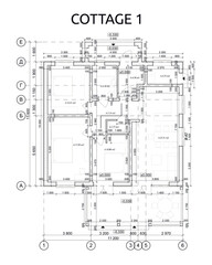 Detailed architectural one story private house blueprints and drawings. Vector illustration