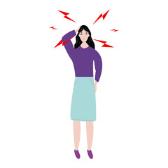 Sad Asian woman having headache or dizziness. Sick girl touching her head. Girl suffering from fever or influenza. Symptom of common cold, infectious disease. Flat cartoon vector illustration.