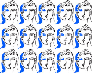 Continuous line female face, seamless vector pattern, flat fashion illustration style