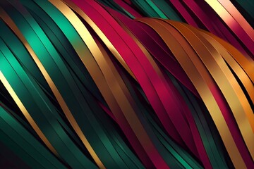 Computer generated dark green and red Christmas metallic ribbon abstract 3D illustration background. A.I. generated art.