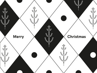 Merry Christmas postcard with Christmas trees, minimalism, simple , vector illustration, black and white, snow