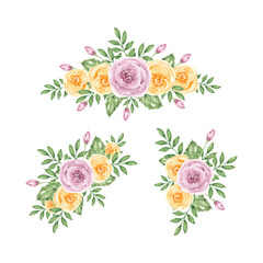Purple yellow rose bouquet watercolor template