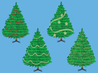 Set of christmas tree silhouette with decorations, vector illustration isolated on white background, template for design, greeting card, invitation.