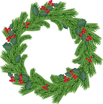 Christmas wreath. Vector illustration, round frame , green fir branches, red berries. Christmas decoration.
