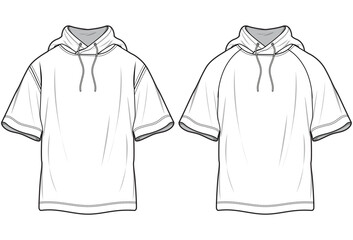 Oversize Short Sleeve Hoodies, Oversize Raglan Sleeve Hoodies,  Baggy Hoodies Sets Fashion Illustration, Vector, CAD, Technical Drawing, Flat Drawing, Template, Mockup.	