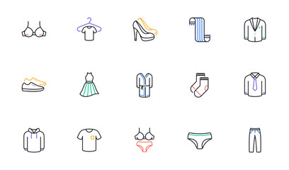 Clothes line icons. T-shirt, Footwear and bathrobe icons. Hoody sweatshirt, T-shirt with hanger and suit. Skirt, Women dress and high heels shoes. Socks, panties with bra and bathrobe. Vector
