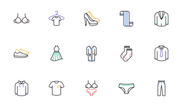 Clothes line icons. T-shirt, Footwear and bathrobe icons. Hoody sweatshirt, T-shirt with hanger and suit. Skirt, Women dress and high heels shoes. Socks, panties with bra and bathrobe. Vector
