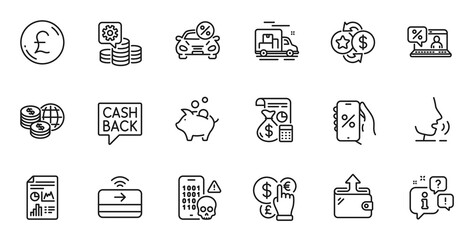 Outline set of Online loan, Contactless payment and Making money line icons for web application. Talk, information, delivery truck outline icon. Vector