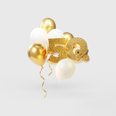The discount is fifty percent. Template with golden inflatable balloons for the background of a marketing offer or sale of goods. 3d rendering.