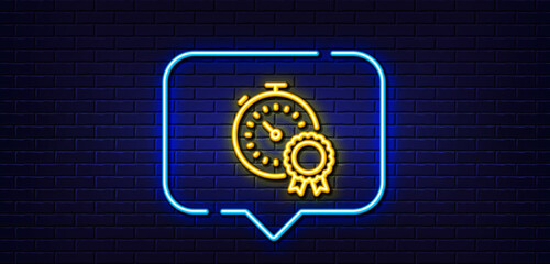 Neon light speech bubble. Best result line icon. Timer award sign sign. Successful win symbol. Neon light background. Best result glow line. Brick wall banner. Vector