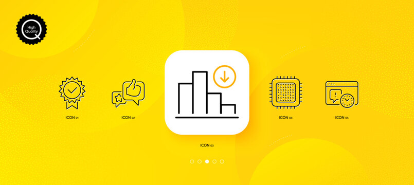 Certificate, Like and Project deadline minimal line icons. Yellow abstract background. Cpu processor, Decreasing graph icons. For web, application, printing. Vector