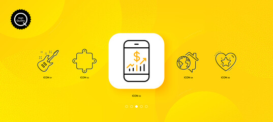 Ranking star, Work home and Electric guitar minimal line icons. Yellow abstract background. Puzzle, Mobile finance icons. For web, application, printing. Vector