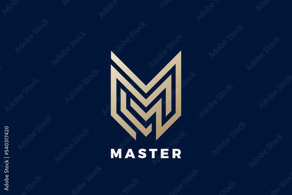 Poster letter m logo design monogram vector template linear style. logotype maze labyrinth line shape conce