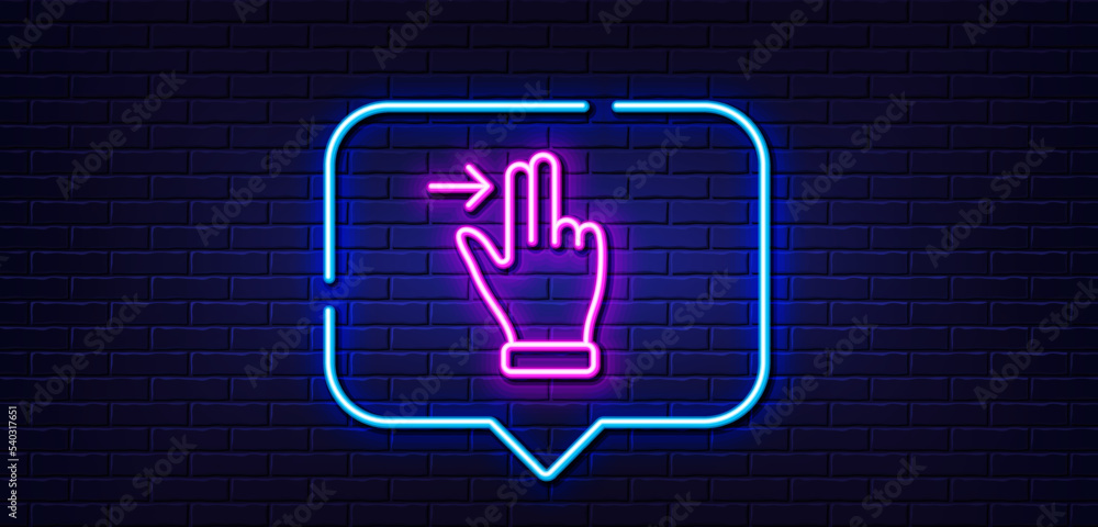 Poster neon light speech bubble. touchscreen gesture line icon. slide right arrow sign. swipe action symbol