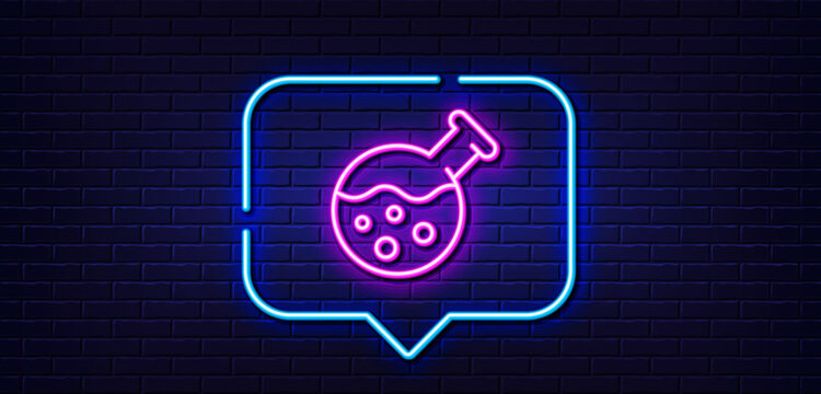Neon light speech bubble. Chemistry lab line icon. Laboratory flask sign. Analysis symbol. Neon light background. Chemistry lab glow line. Brick wall banner. Vector