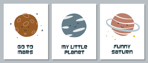 Collection of cartoon planets cards with smiling faces. A set of planetary prints with inscriptions for decorating the walls in the nursery.