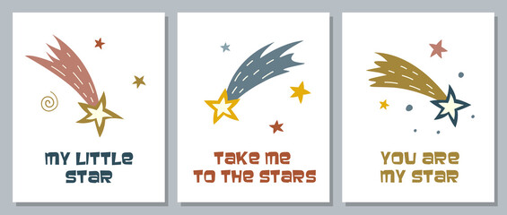 Set of cute posters with shooting stars and lettering. Collection of cute baby prints in cartoon style. © Hanna