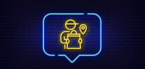 Neon light speech bubble. Delivery man line icon. Courier location sign. Order delivery symbol. Neon light background. Delivery man glow line. Brick wall banner. Vector