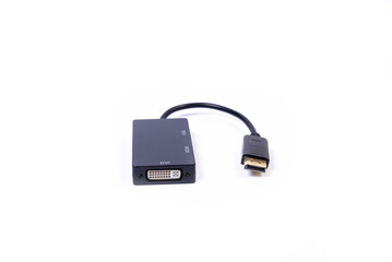 various converter cables adapters for computers and smartphones HDMI VGA USB DVI DP isolated on white