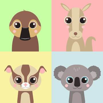 Set of vector animals in cartoon style. Cute animals of Australia. A collection of small animals in the children's style. Cockatoo, duckbill, kangaroo, koala, sugar possum