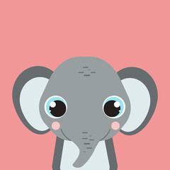 Cartoon elephant close-up portrait. Cute animals with big eyes