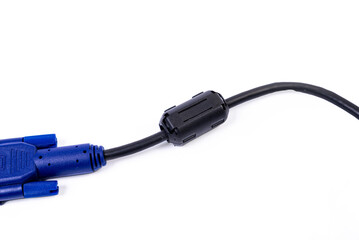Close up of a ferrite bead inductor on cable on isolated white