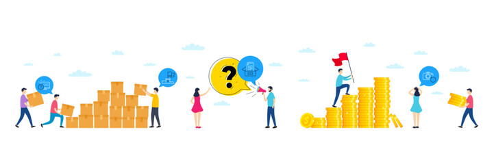 Set of Online quiz, Winner flag and Documents box line icons. People characters with delivery parcel, money coins. Include Recovery photo icons. For web, application. Vector