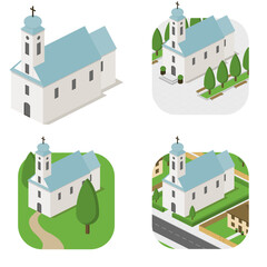 Church, one tower, blue roof, white walls. Isometric, city architecture, green  village. European architecture.