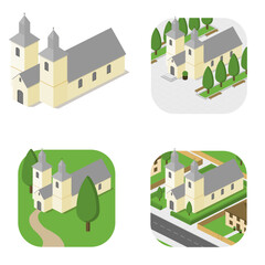 Church with two towers, grey roof. Isometric, city architecture, green  village. European architecture.