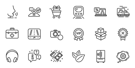 Outline set of Refrigerator, Online loan and Packing boxes line icons for web application. Talk, information, delivery truck outline icon. Include Recovery photo, First aid, Reject medal icons. Vector