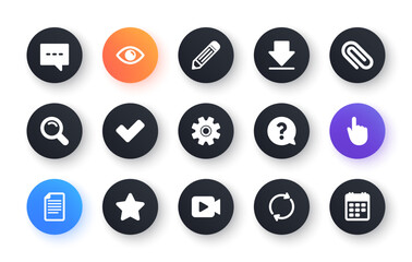 Document, Calendar and Question mark icons. Search, Video camera and Check mark. Classic icon set. Circle web buttons. Vector