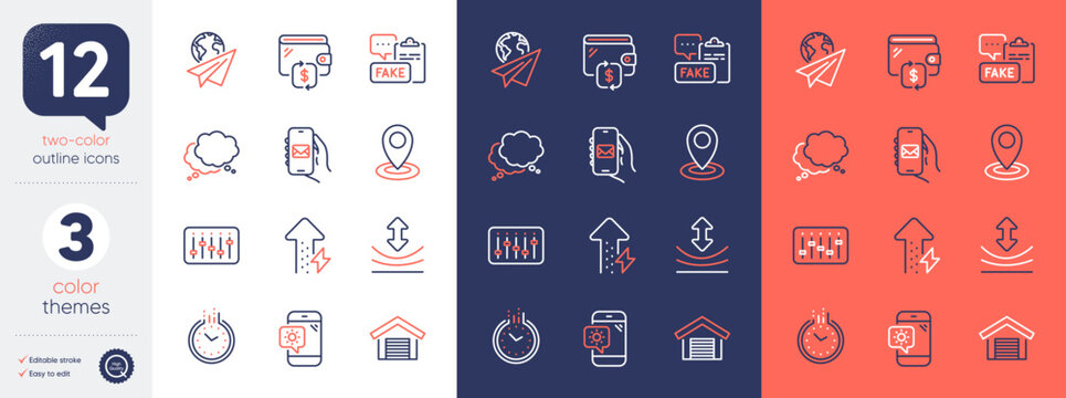 Set of Resilience, Parking garage and Mail app line icons. Include Energy growing, Dj controller, Time icons. Wallet, Weather phone, Speech bubble web elements. Fake document. Vector