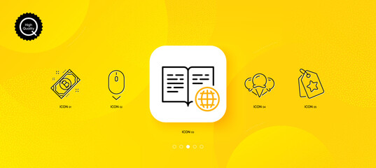 Fototapeta na wymiar Bitcoin, Ice creams and Internet book minimal line icons. Yellow abstract background. Scroll down, Loyalty tags icons. For web, application, printing. Vector