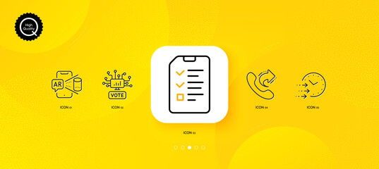 Fototapeta na wymiar Interview, Share call and Augmented reality minimal line icons. Yellow abstract background. Online voting, Delivery time icons. For web, application, printing. Vector