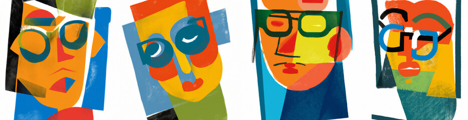 Series of abstract human faces, cubist art style