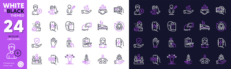 Hand, Interview job and Dumbbells workout line icons for website, printing. Collection of Add person, Donate, Teamwork icons. Woman, Sleep, Online voting web elements. Charging app. Vector