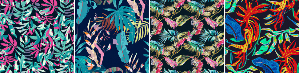 Modern multicolored exotic floral jungle pattern, digital art