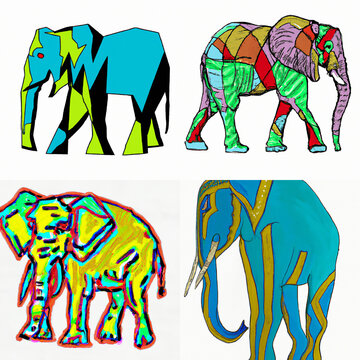Series of multicolored elephants isolated on white background, digital art.