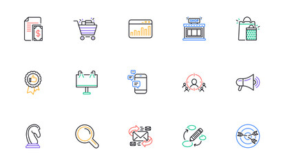 Marketing, research line icons. Strategy, Feedback and Advertising agency. Business strategy linear icon set. Bicolor outline web elements. Vector