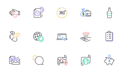 Globe, Capsule pill and Accounting report line icons for website, printing. Collection of Checklist, Translation service, Piggy bank icons. Volunteer, Project deadline. Vector