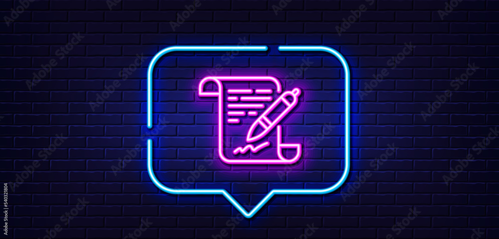 Poster neon light speech bubble. agreement document line icon. contract file signature sign. office note sy